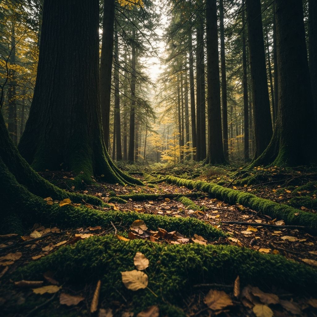Forest floor with wild mushrooms
